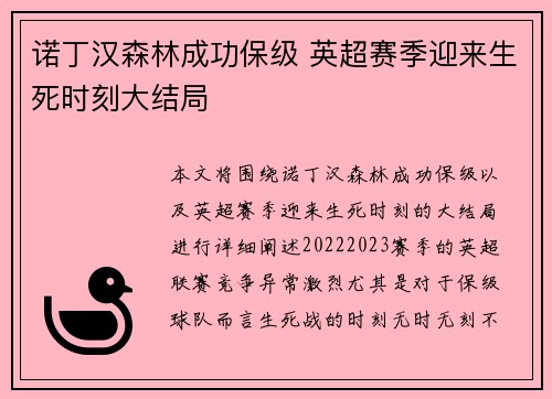 诺丁汉森林成功保级 英超赛季迎来生死时刻大结局